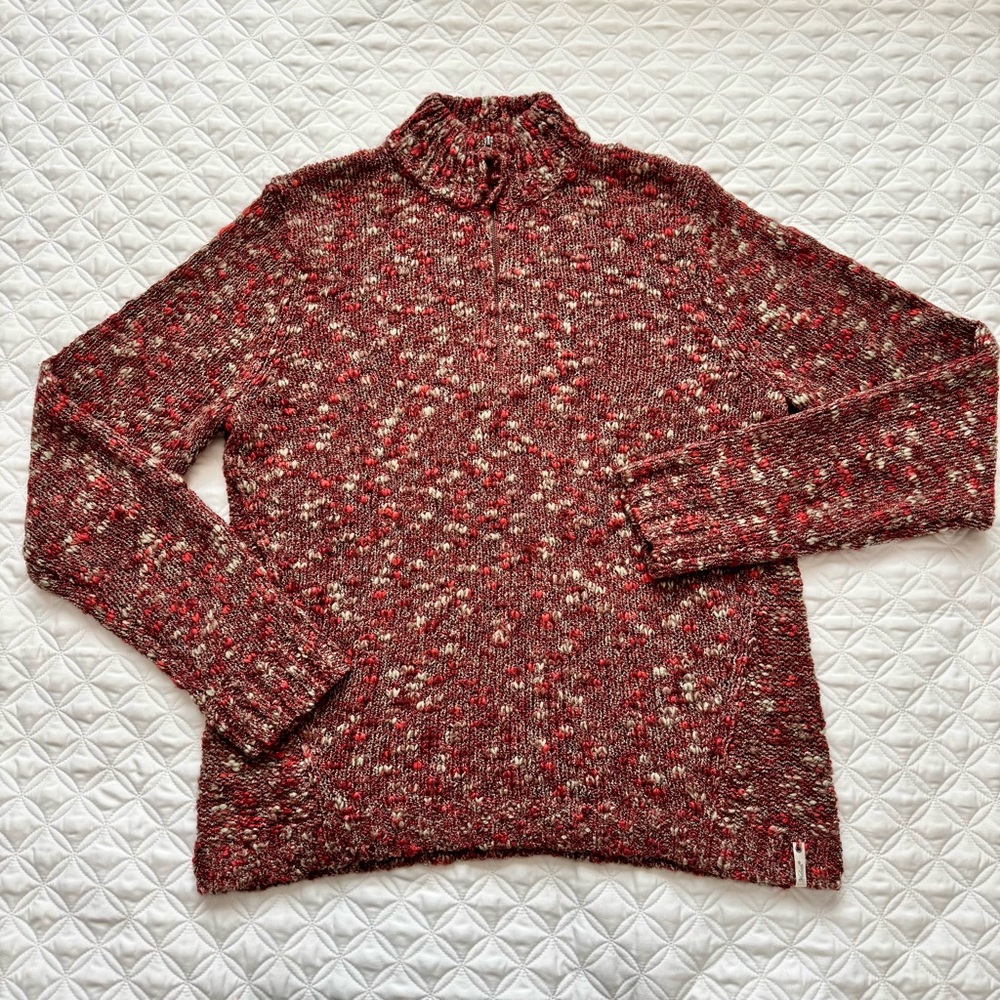 Woolrich Red Cream Speckled Knit 1/4 Zip Mock Neck Turtleneck Wool Sweater Sz L